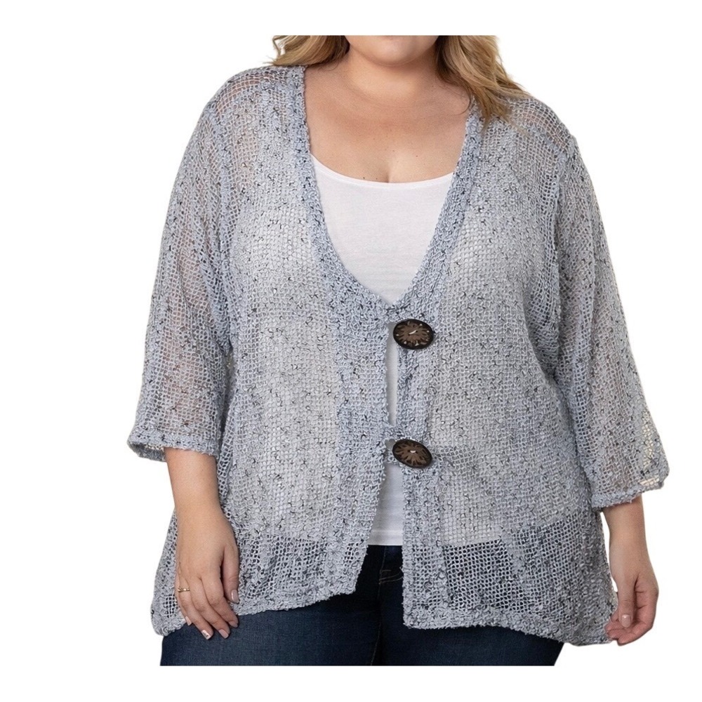 Vintage Nina Leonard Cardigan Women 2X Gray Knit Mesh Sharkbite 3/4 Sleeves